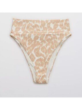 AERIE High Cut Cheeky Bikini Bottoms Sz L Beige Tan Leopard Print Seamless Swim